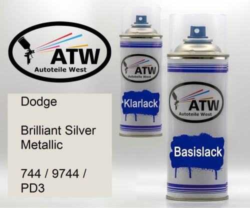 Dodge, Brilliant Silver Metallic, 744 / 9744 / PD3: 400ml Sprühdose + 400ml Klarlack - Set, von ATW Autoteile West.